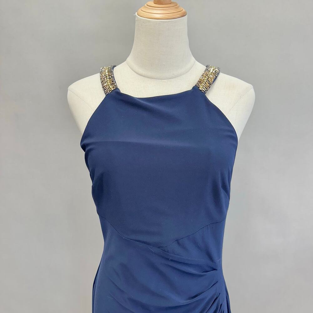 LRL Ralph Lauren Evening Navy Ruched Beaded‎ Sheath Dress Size 8 - Picture 7 of 14